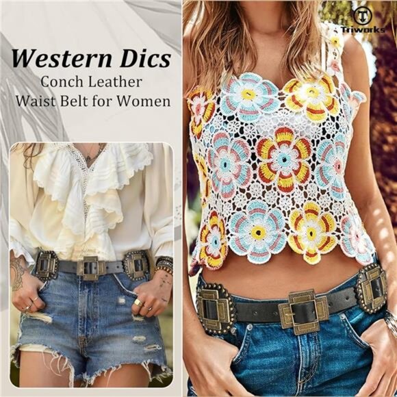 Women Western Concho Leather Belt Cowgirl Boho Belt Chunky for Dresses Concert main image 6